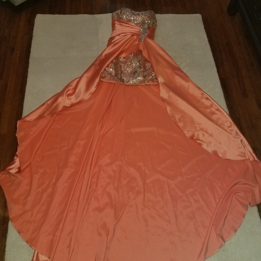 Coral pink prom dress.